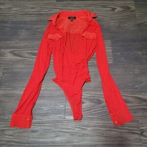 bebe Red Women's Bodysuit XS Long Sleeve Collared